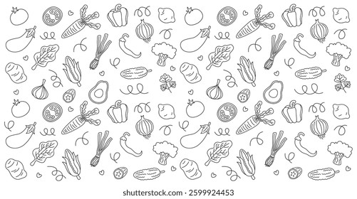 Hand drawn line art vegetables doodle pattern background