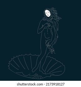Hand drawn line art of Venus from a painting by Botticelli. Modern drawing of a Renaissance painting.