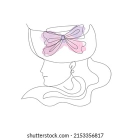 Hand drawn line art vintage woman wearing hat with pastel watercolor bow