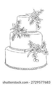 Hand drawn line art wedding cake illustration. Vintage ink invitation and place card design element