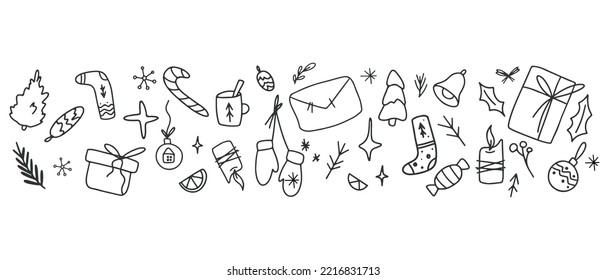 Hand drawn line art winter element ornament for web banner, decoration, greeting card and wallpaper. Merry Christmas and happy New Year poster isolated.