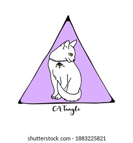 Hand drawn line art witch magical cat sitting inside sacred geometry figure triangle with text catangle. Magic and witchcraft vector illustration.