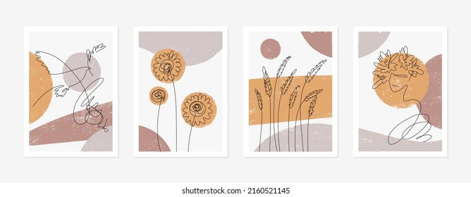 Hand drawn line art of woman face in flower wreath, sunflowers, wheat and dove of peace. Contemporary poster design for wall decoration, postcard or brochure cover design. Vector illustration