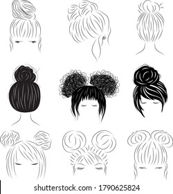 Hand Drawn Line Art Of Women Silhouette With Hair Bun