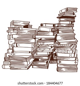 Hand drawn line artwork  of piles of books