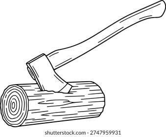 Hand drawn line of an axe embedded in a log wood chopping