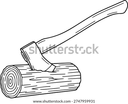 Hand drawn line of an axe embedded in a log wood chopping