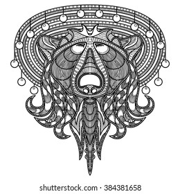 Hand drawn line bear with long hair in sombrero hat. Pattern for coloring book. Hand-drawn decorative portrait in vector. Tattoo art. Coloring books set. Henna Mehndi Ethnic Zentangle Doodles style.