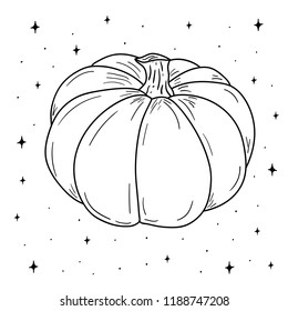 Hand Drawn line black and white pumpkin in space doodle card. Illustrations Drawing Vector Sketch for textile, print, postcard, digital content