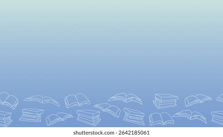 Hand drawn line books border vector illustration. Horizontal gradient banner with literary doodles and space for text. Design for fair posters, web and advertising.