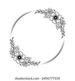 Borde de línea dibujado a mano, hojas y flores, invitación de boda y tarjetas	
