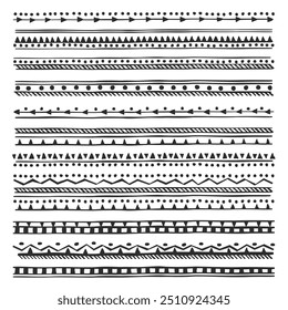 Hand drawn line borders, tribal dividers. Vintage doodle frame graphic, horizontal ethnic elements decoration vector set. Doodle hatching underscore