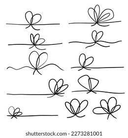 Hand drawn line bow ribbon tie thread gift package box rope border isolated on white collection. Scribble doodle minimalist outline style