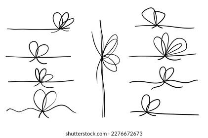 Hand drawn line bow ribbon tie thread gift package box rope border isolated on white collection. Scribble doodle minimalist outline style