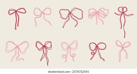 Hand drawn line bow  simple vector string ribbon tie thread gift package box rope border isolated on white collection. Scribble doodle minimalist outline style