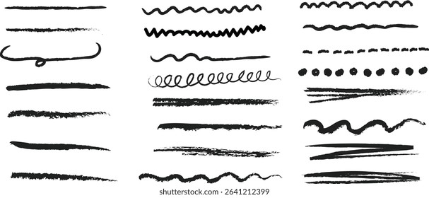 Hand drawn line brush doodle stroke, pen sketch vector texture. Crayon, chalk, pencil underline and grunge scribble shapes for emphasis, highlight, marker art, poster, or design.
