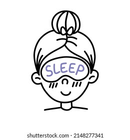 Hand Drawn Line Cartoon Cute Smiling Girls Face with Sleep Mask. Female Sketch Portrait. Vector Illustration isolated on a white background.