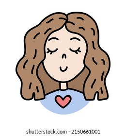 Caricatura de la línea dibujada a mano Cute Sonrientes Chicas Enfrentadas con Corazón. Retrato femenino. Impresión vectorial romántica para ropa, afiches, postales, pegatinas, Día de San Valentín.