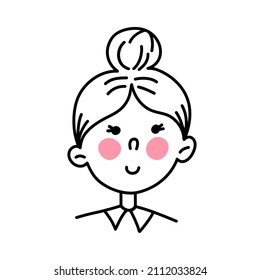 hand drawn line cartoon female portrait. the face of a sweet smiling girl with pink cheeks. vector print for clothes, posters, postcards, stickers.