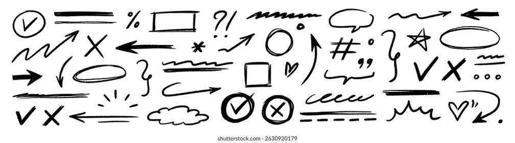 Hand drawn line chalk brush stroke arrow icon set. Chalk crayon underline, check mark, scribble and texture in rough hand sketch style. Drawn heart, frame, star design shapes. Vector illustration