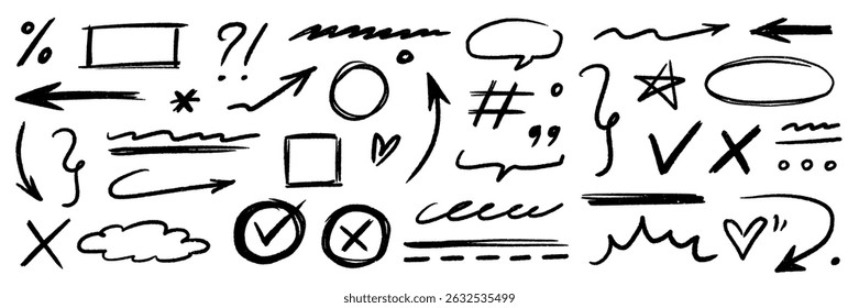 Hand drawn line chalk brush stroke arrow icon set. Chalk crayon underline, check mark, scribble and texture in rough hand sketch style. Drawn heart, frame, star design shapes. Vector illustration