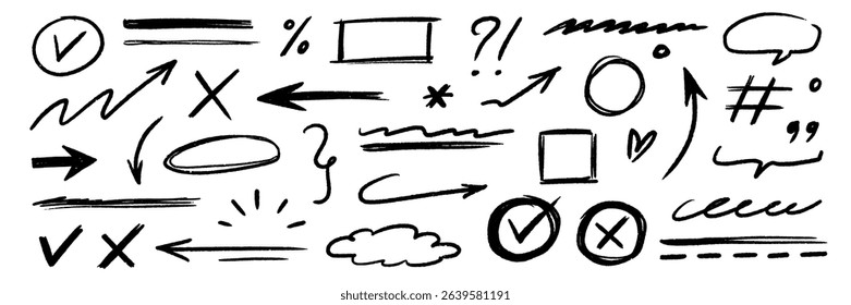 Hand drawn line chalk brush stroke arrow icon set. Chalk crayon underline, check mark, scribble and texture in rough hand sketch style. Drawn heart, frame, star design shapes. Vector illustration
