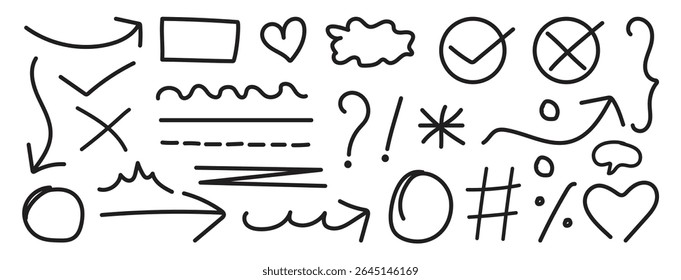Hand drawn line chalk brush stroke icon set. Hand drawn marker sketch style underline, arrow, heart shape. Chalk crayon texture in rough hand sketch style _ Vector illustration
