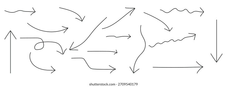 Hand drawn line chalk brush stroke arrow icon set. Various black brush drawn curved arrows. Doodle arrows for concept design. A black brush stroke arrow points diagonally upward.