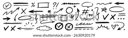 Hand drawn line chalk brush stroke arrow icon set. Chalk crayon underline, check mark, scribble and texture in rough hand sketch style. Drawn heart, frame, star design shapes. Vector illustration