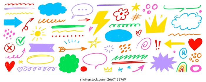 Hand drawn line chalk set. Crayon line arrow, speech bubble, pencil highlight and textured brush icon with cartoon heart, hand drawn marker element. Chalkboard frame sketch. Vector illustration