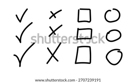Hand drawn line check mark, cross sign, checkbox elements. Vector illustration