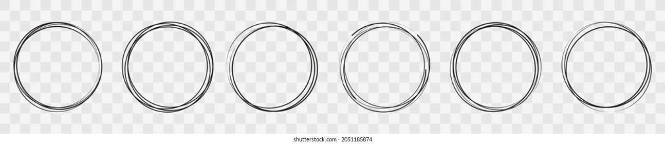 Hand drawn line circle on transparent backdrop. Line art sketch design round circular. Doodle set bubble design element. Vector illustration.