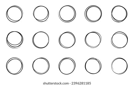 Hand drawn line circle sketch set. Doodle circles collection. Scribble round shape. Banner circle frames for text. Vector illustration.