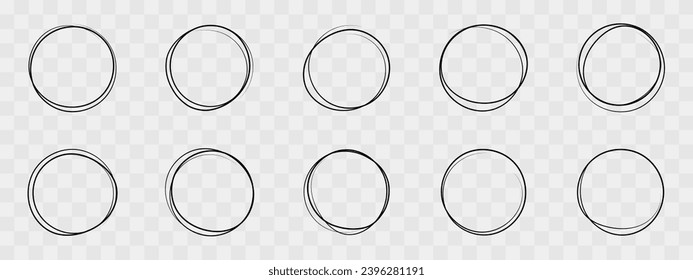 Conjunto de esbozo de círculo de línea dibujada a mano. Colección de círculos Doodle. Forma redonda resquebrajada. Marcos de círculo para el texto. Ilustración vectorial.