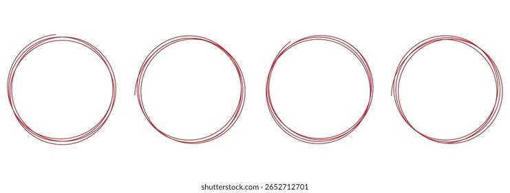 Conjunto de esboços circular desenhado à mão. Coleção de círculos de doodle. Círculos vermelhos desenhados à mão ajustados. Círculos redondos de rabisco circular vetorial para elemento de design de marca de nota de mensagem. eps 10