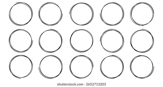 Hand drawn line circle sketch set. Doodle circles collection. Hand drawn black circles set. Vector circular scribble doodle round circles for message note mark design element. eps 10