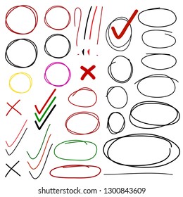 Hand Drawn Line Circles, Check Marks, Frames Isolated on White Backgrouns. Vector Design Element