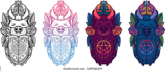 Hand Drawn line and colour Illustration of Beetle deer with star and rose sticer isolated on white background, Satanic symbol.