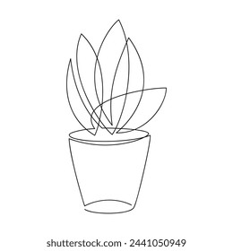 Hand drawn line continuous aloe house plant in pot vector. Outline drawing, botanical illustration. Flowerpot icon. Leaves silhouette. Minimal floral print, banner, card, poster, logo, sign, symbol.