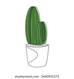 Hand drawn line continuous cactus houseplant in pot vector. Outline drawing, botanical illustration. Flowerpot icon. Leaves silhouette. Minimal floral print, banner, card, poster, logo, sign, symbol.