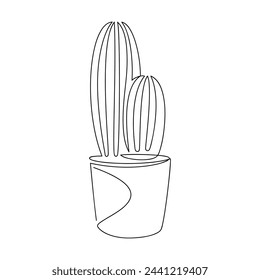 Hand drawn line continuous cactus houseplant in pot vector. Outline drawing, botanical illustration. Flowerpot icon. Leaves silhouette. Minimal floral print, banner, card, poster, logo, sign, symbol.