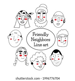 Hand drawn line cute doodle faces, different heads isolated on white background