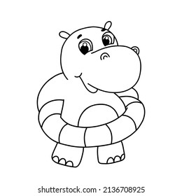 Línea dibujada a mano linda hipopótamo con ilustración vectorial de círculo de natación. Esbozar hipopótamo aislado en fondo blanco. Carácter lindo de bebé para libro de colorear, postales e invitaciones