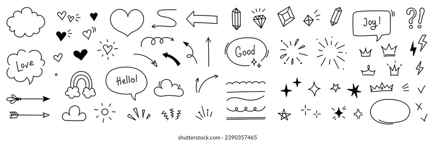 Hand drawn line cute star sparkle, heart, arrow elements. Doodle heart, arrow, star, sparkle decoration set icon. Simple sketch line style emphasis, attention, pattern elements. Vector illustration