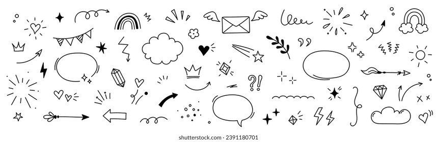 Handgezeichnete Linie süße Sternfunkel, Herz, Pfeilelemente. Doodle Herz, Pfeil, Stern, funkelnde Dekoration setzen Symbol. Einfache Sketch Linie Stil Betonung, Aufmerksamkeit, Muster Elemente. Vektorgrafik