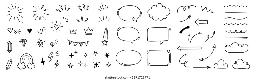Hand drawn line cute star sparkle, heart, arrow elements. Doodle heart, arrow, star, sparkle decoration set icon. Simple sketch line style emphasis, attention, pattern elements. Vector illustration