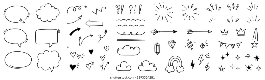 Hand drawn line cute star sparkle, heart, arrow elements. Doodle heart, arrow, star, sparkle decoration set icon. Simple sketch line style emphasis, attention, pattern elements. Vector illustration