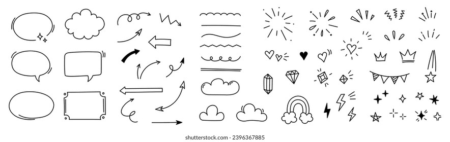 Hand drawn line cute star sparkle, heart, arrow elements. Doodle heart, arrow, star, sparkle decoration set icon. Simple sketch line style emphasis, attention, pattern elements. Vector illustration