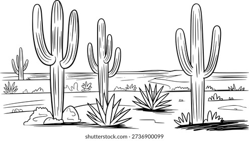 Hand drawn line desert landscape with saguaro cacti and agave plants cactus