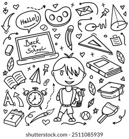 Hand drawn line doodle Back To School illustration on white background.Vector illustration